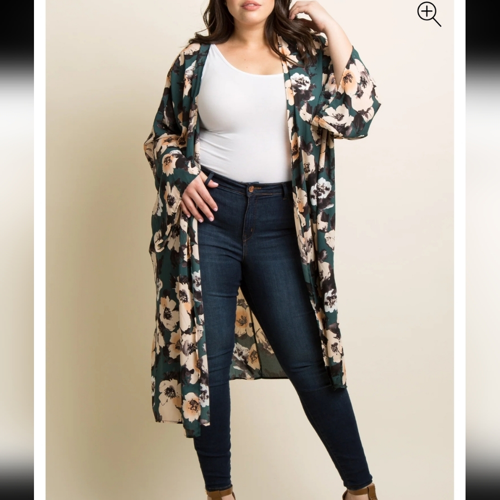 ✅Pink blush Kimono Robe  Open Front Green Floral  Duster Swim Cover